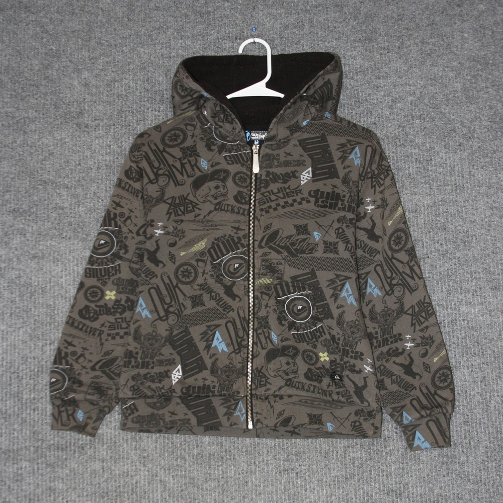 Quiksilver Casual Hoodie Kids 8 10 Gray Zip Up All Over Print Skater‎ Style Y2K